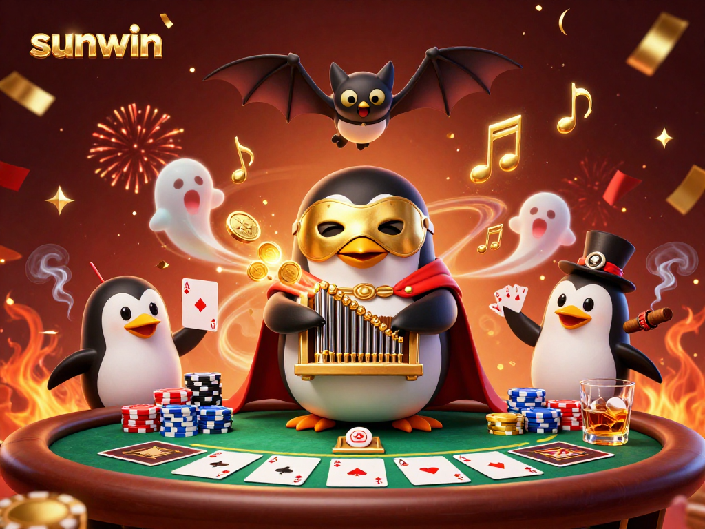 Win big with sunwin at this dynamic poker scene featuring coins, cards, and a phantom penguin!