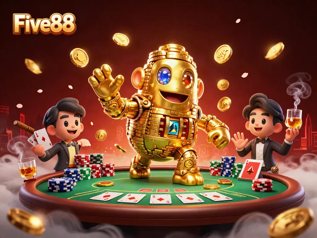 Experience the thrill of Five88 with vibrant poker action and a golden golem in this rich casino scene.