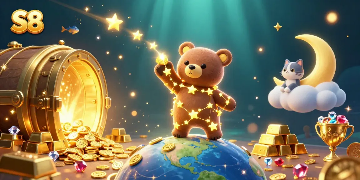 S8 players scoop coins in a vibrant casino scene surrounded by gold and treasures, symbolizing winning opportunities.
