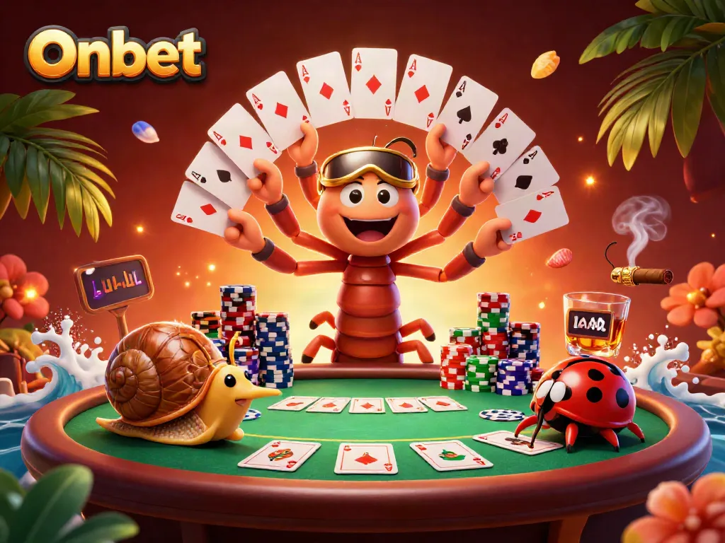 Join the Onbet cartoon casino action with a millipede dealer and high-roller snail amidst poker excitement.