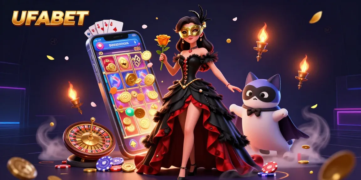 Play thrilling slots with UFABET amidst rich 3D casino visuals featuring vibrant characters.