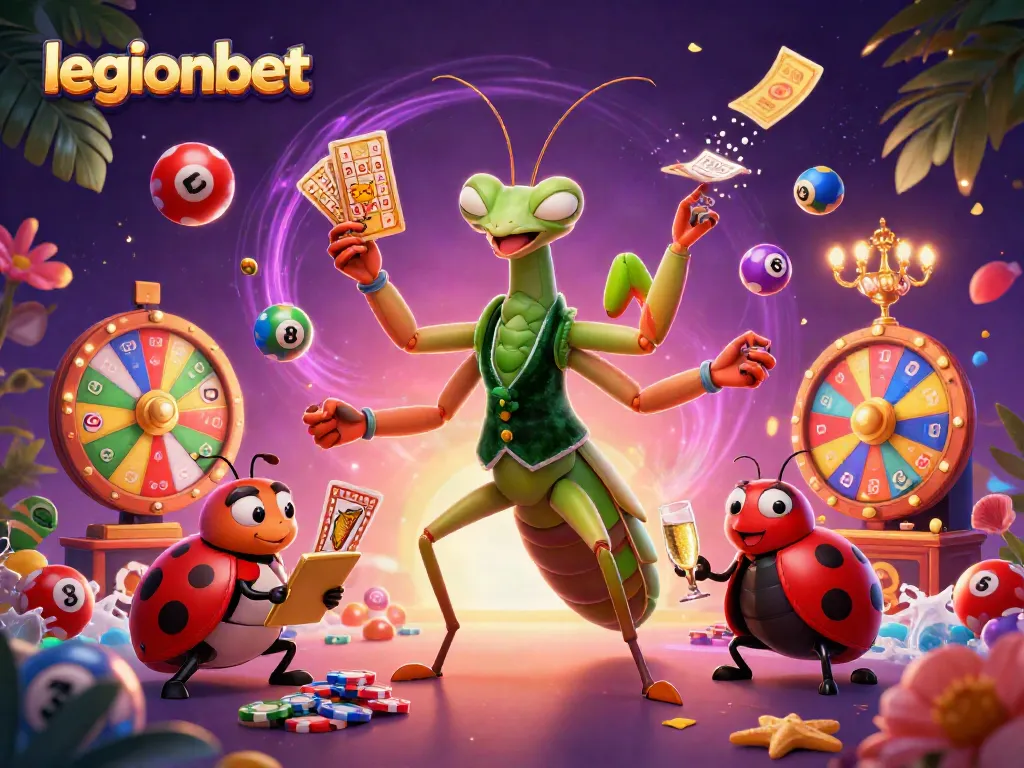 Experience excitement at legionbet with a vibrant 3D casino scene featuring colorful games and characters.