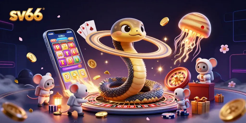Engage with sv66's thrilling slot games and promotions in a cosmic environment featuring vibrant characters.