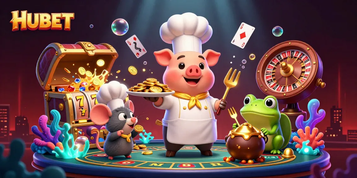 HUBET showcases a vibrant 3D scene with characters celebrating wins amidst casino gaming elements.