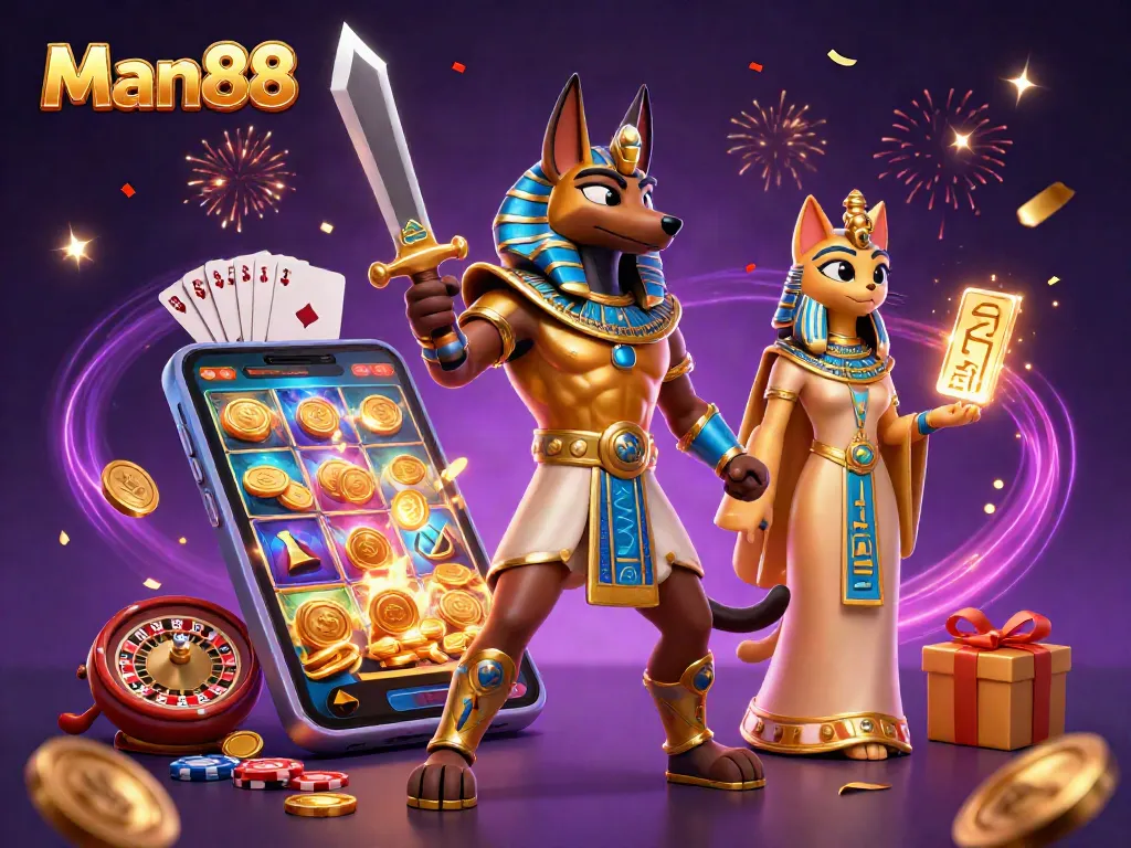 Experience the thrill of winning with Man88, featuring Anubis and Bastet in a dynamic casino adventure.