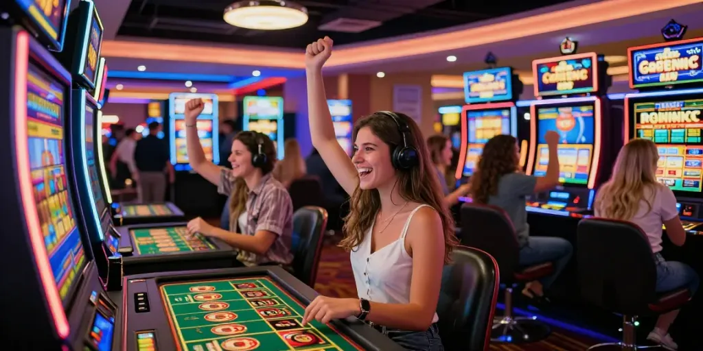 Exciting scene at a UK casino not on GamStop with players celebrating wins amidst vibrant lights.
