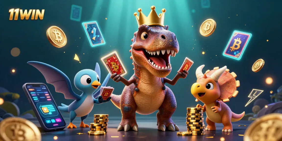 Join 11WIN's thrilling adventure as a T-Rex plays cards with crypto characters and golden chips!