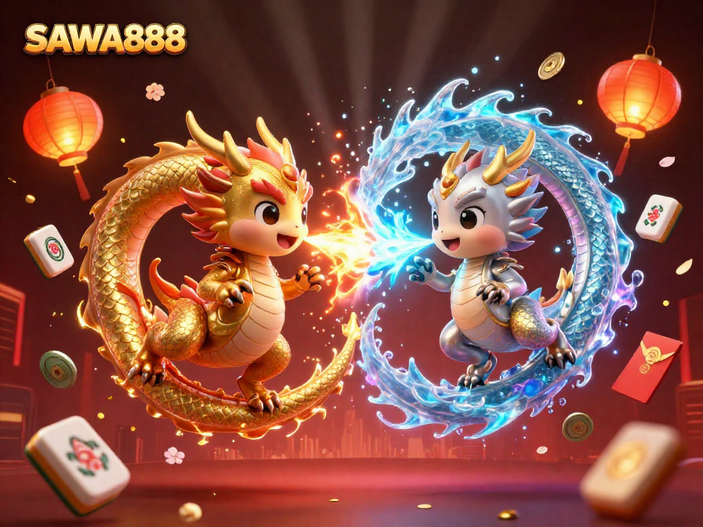 Experience thrilling gameplay with SAWA888's captivating dragons and magical elements in a vibrant casino scene.