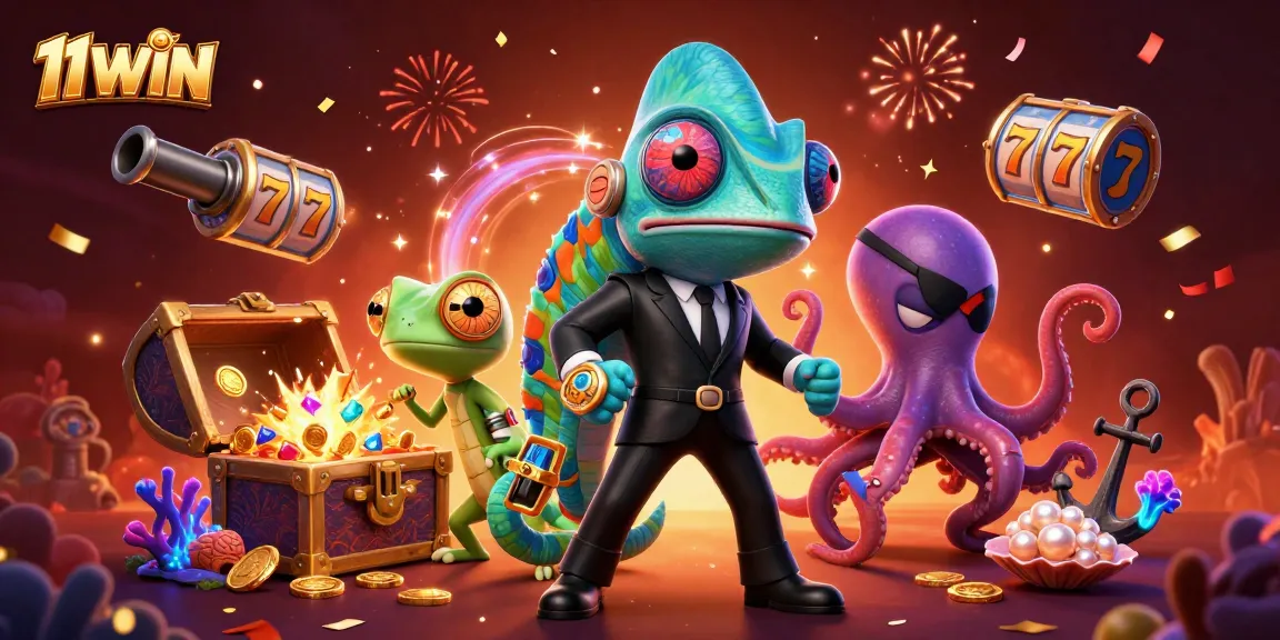 Catch the excitement at 11WIN with a vibrant casino adventure featuring colorful characters and treasures.