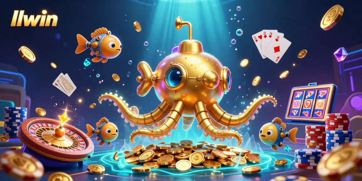 Experience thrilling gameplay at llwin with a golden kraken submarine amidst coins, roulette, and cards.