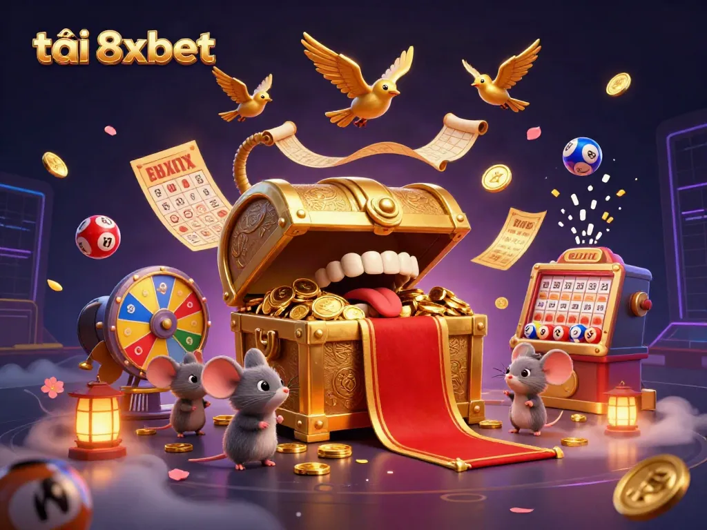 Experience the excitement of tải 8xbet with this vibrant 3D illustration of a golden treasure chest and dynamic gaming elements.