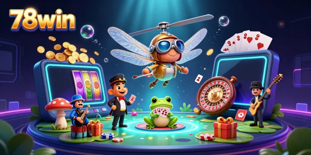 Join the excitement of 78win with a 3D dragonfly pilot and frog croupier amidst a vibrant casino scene.