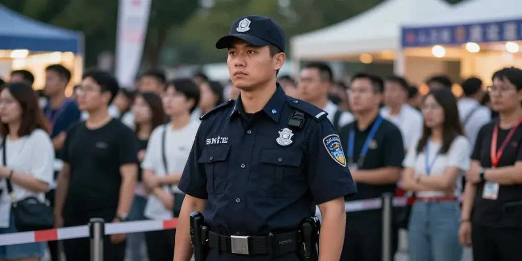 Private Security guard ensuring safety at a community event.