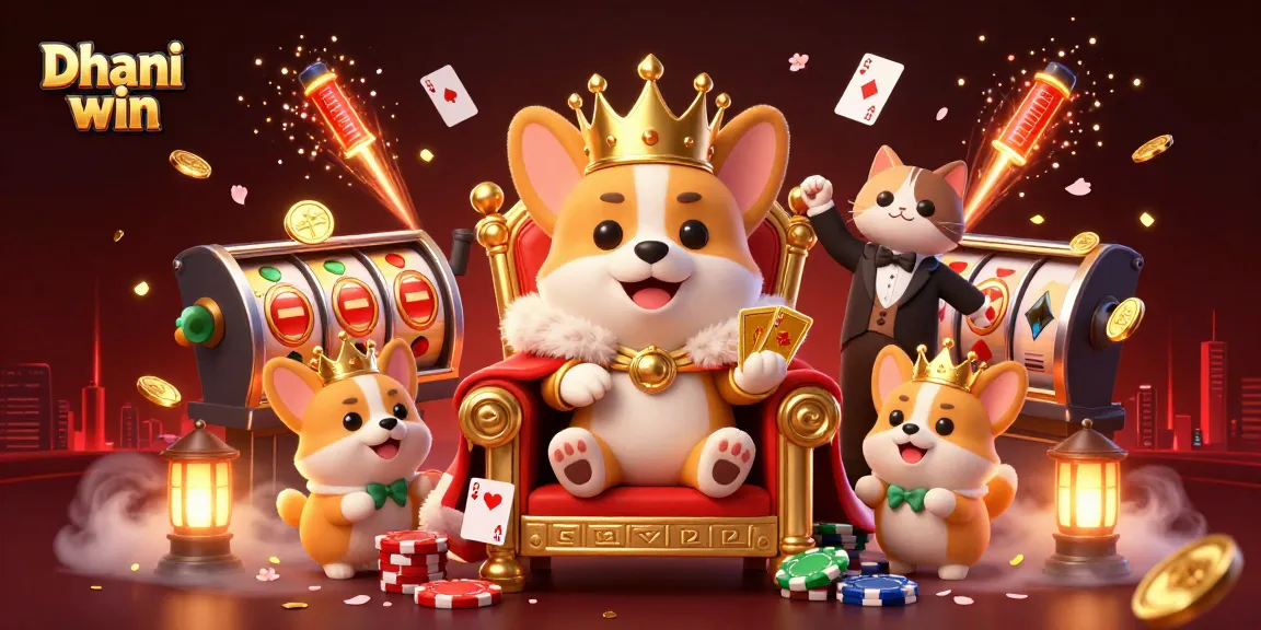 Experience thrilling gameplay with Dhani win and the royal corgi surrounded by casino elements.