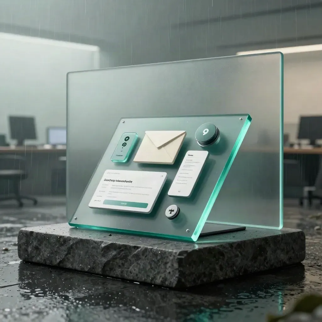 Smoked-glass dashboard monolith with companion modules on wet stone at pre-dawn.