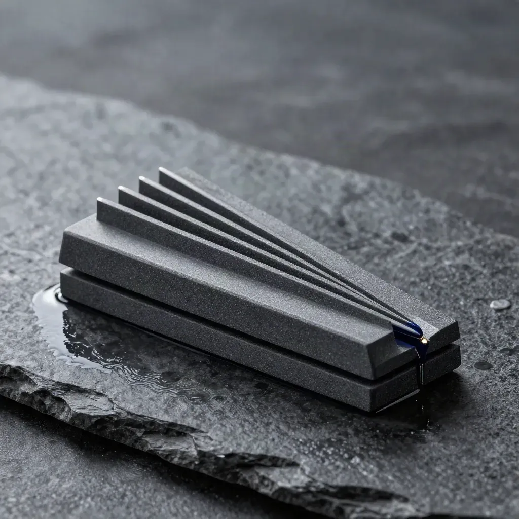 Graphite wedge with stepped channels on wet stone, seen close at a diagonal.