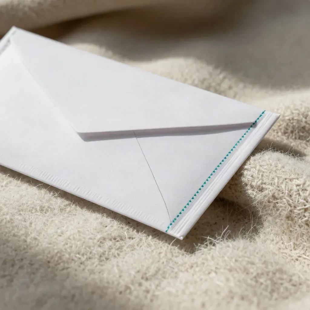 Folded white recovery email pack in cream wool with teal stitch detail and raking light.