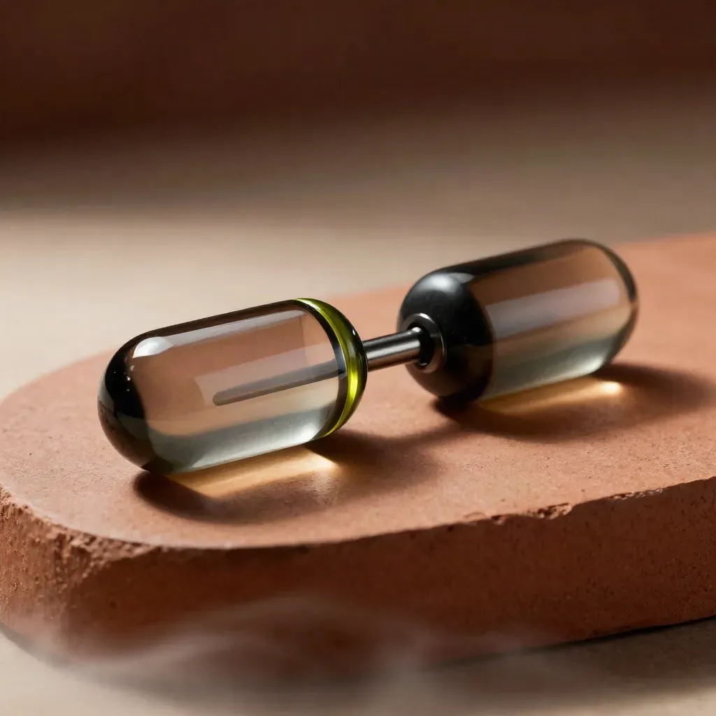 Macro of two interlocked smoked-glass nodes with a graphite connector on terracotta, lit from upper left.