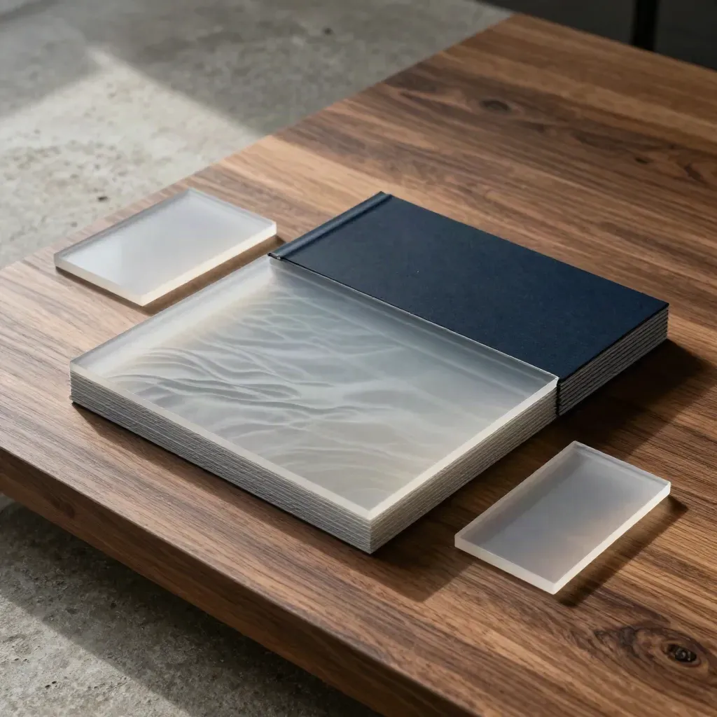 Translucent report block on walnut stone with navy accent, shot overhead in dramatic light.