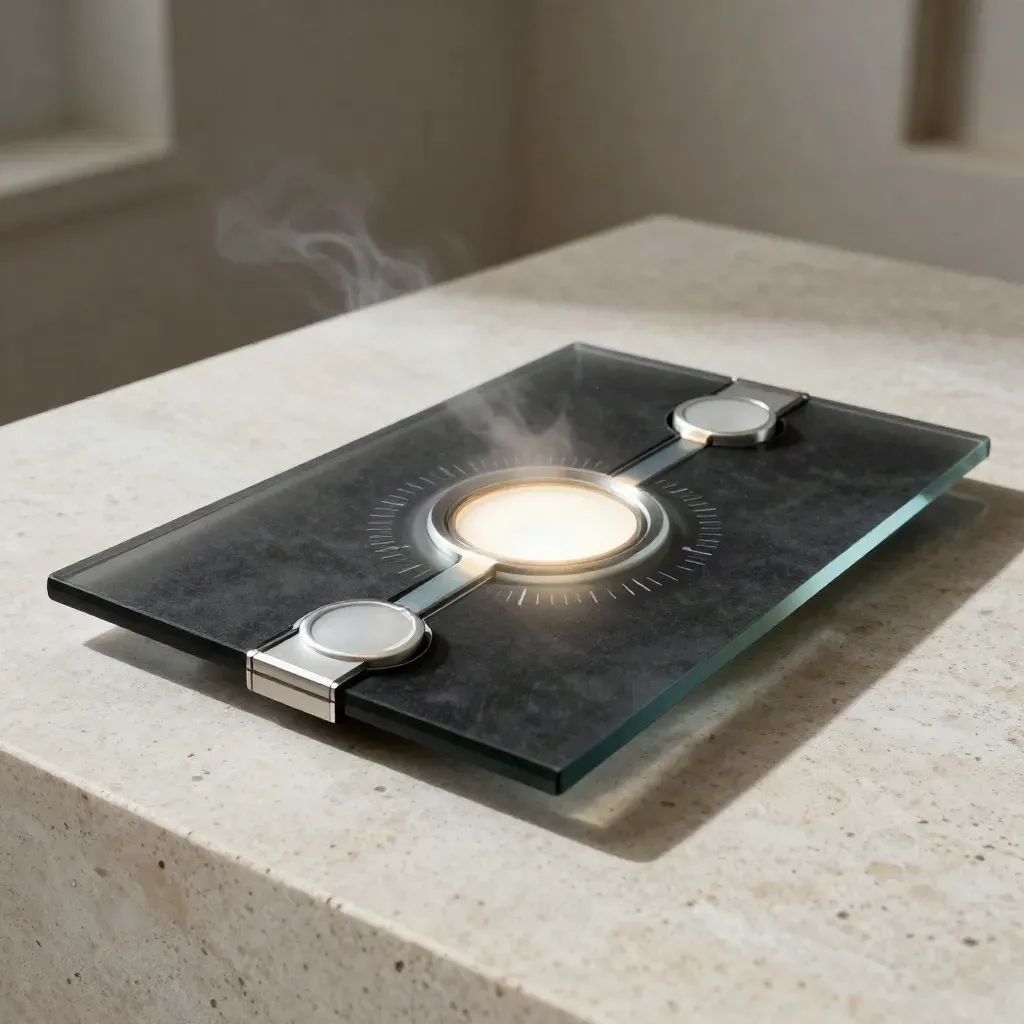 Dark glass analytics slab with glowing core and two metric pucks on travertine