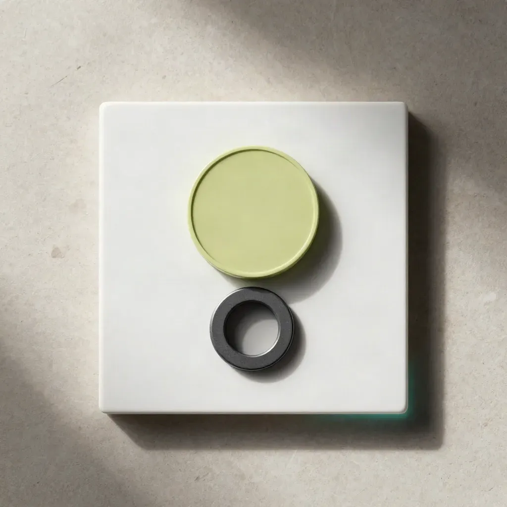 Top-down pricing tile, lime disc and dark ring on pale stone with soft teal accents.