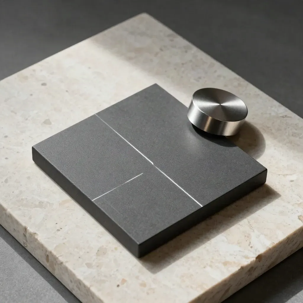 Overhead charcoal product tile and puck on travertine, lit diagonally with soft shadows