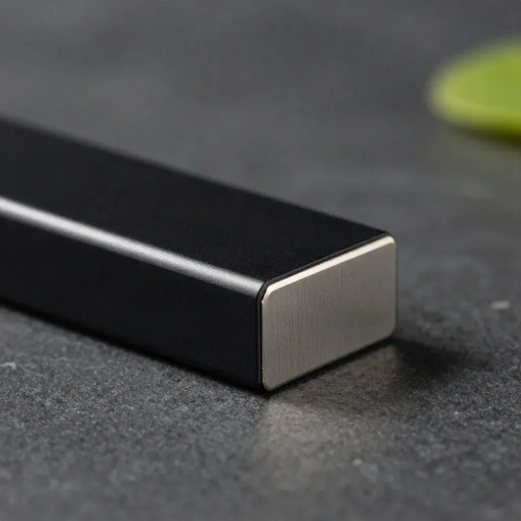 Black ceramic module with satin steel spine catching light on a smoky dark surface