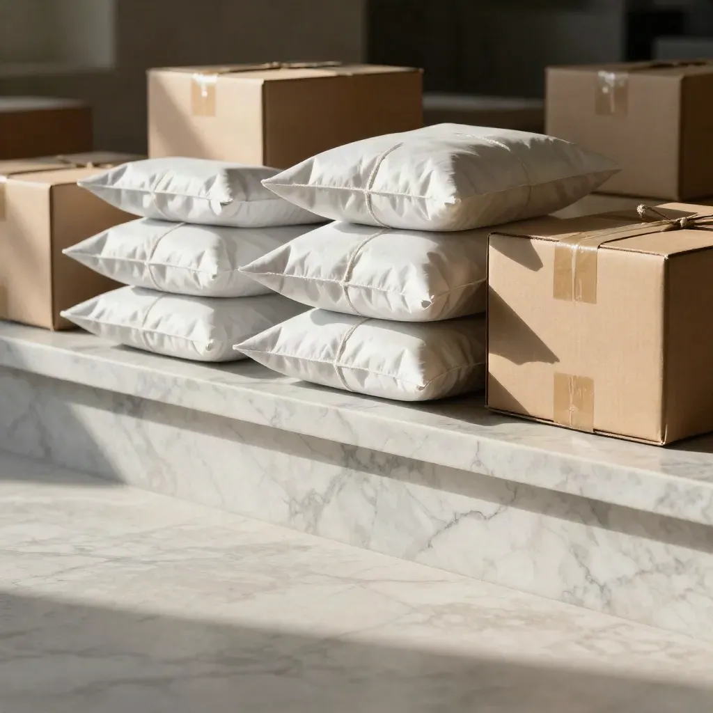 Carrara marble ledge with neutral parcels fading into a dark interior, lit by late-morning sun.
