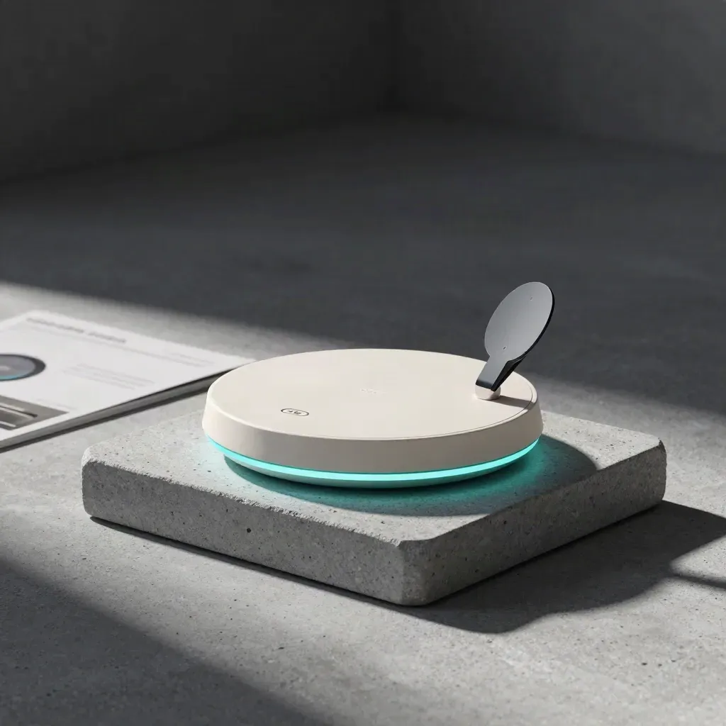 Turquoise-rimmed growth module on stone plinth with a small puck and blurred card behind.