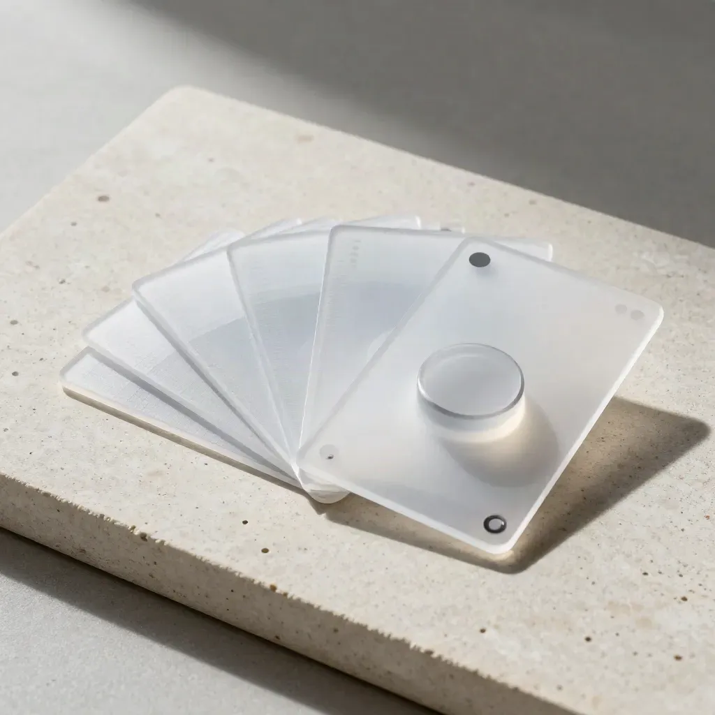 Five frosted data cards fan around a prism on pale stone, shot straight down.