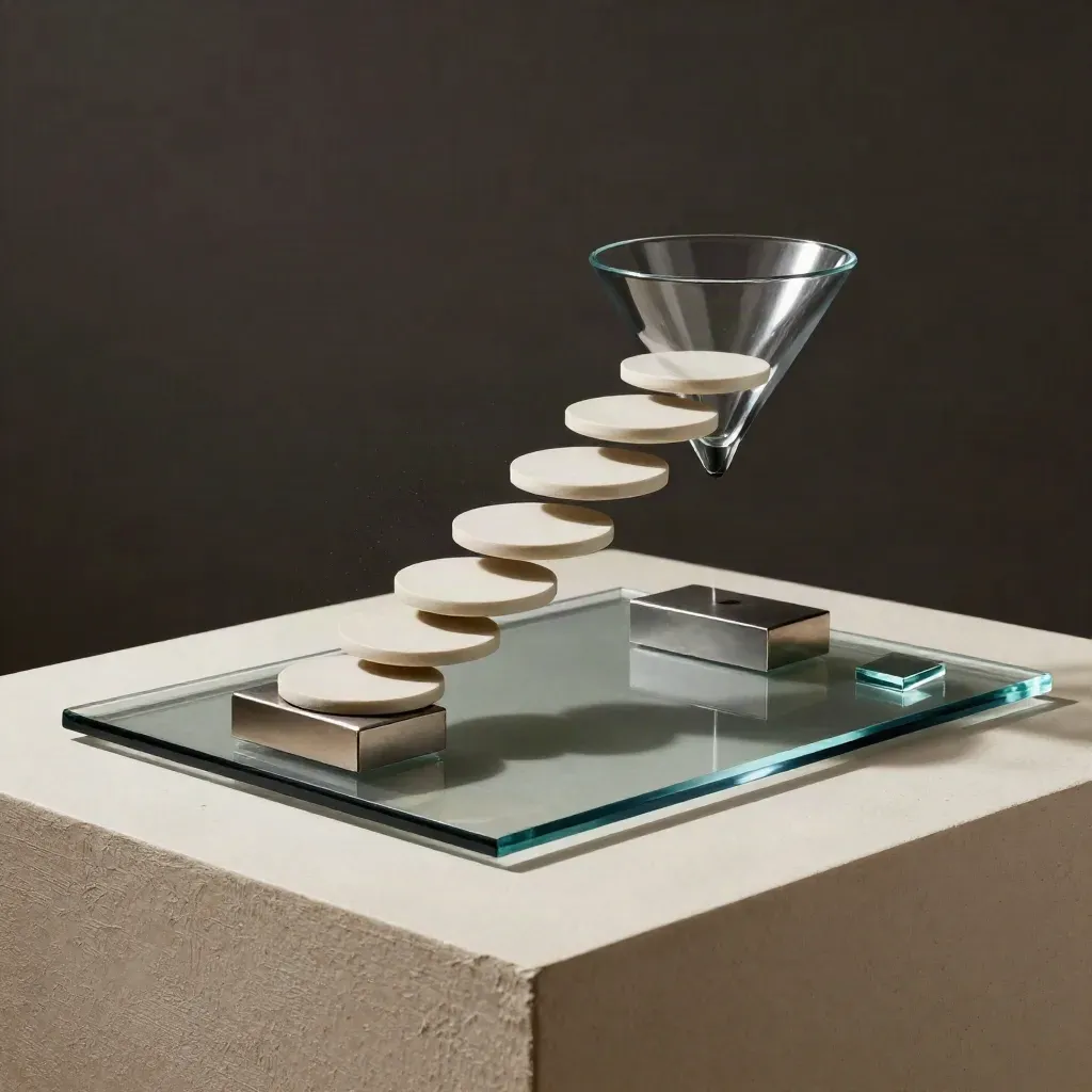 Dark glass funnel map slab with ceramic discs and metal blocks in moody light