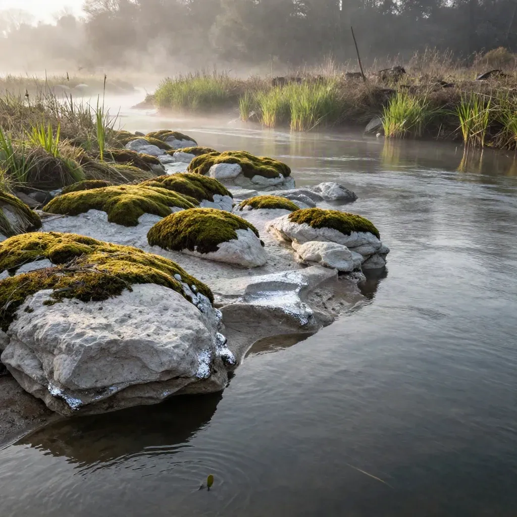 Misty dawn riverbank with pale stones and moss above calm reflective water.