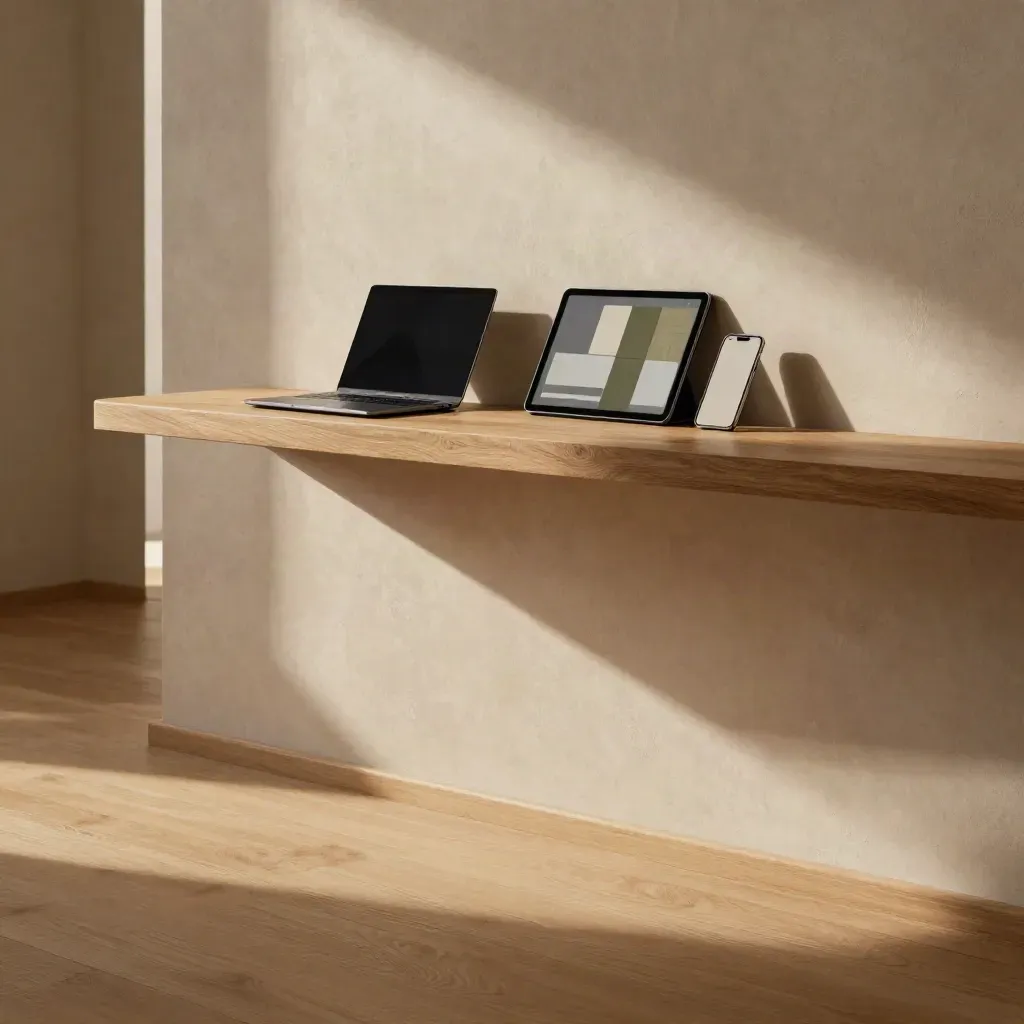 Warm oak ecommerce nook with laptop, tablet and phone in a plaster corner, lots of calm open space.