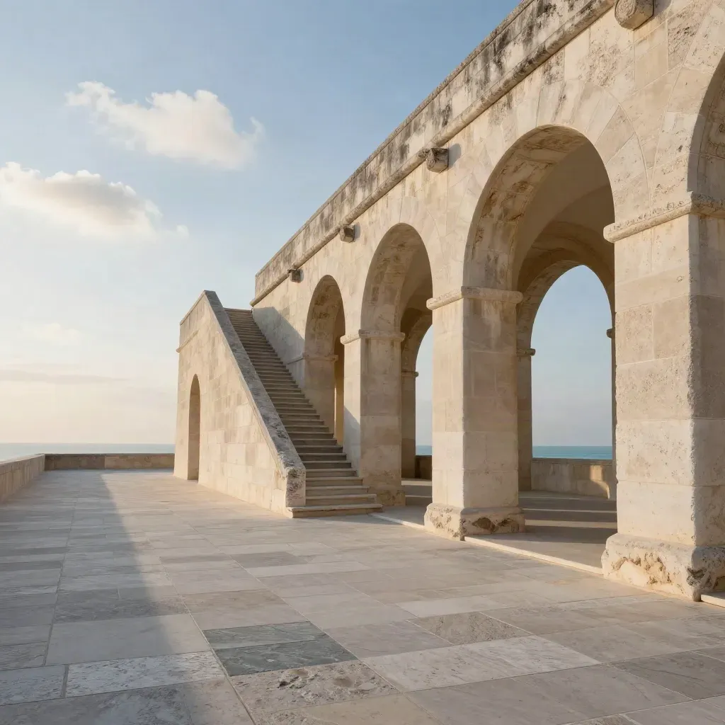 Sunlit limestone arcade on a windy terrace with quiet lower space and dramatic upper arches