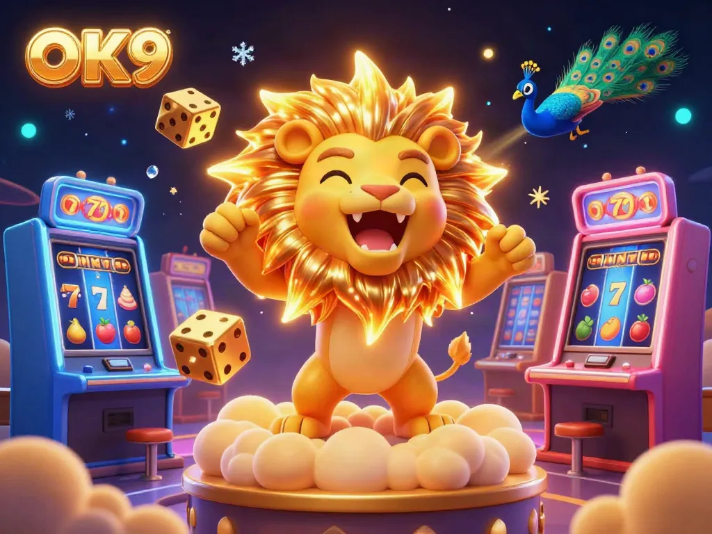 Win big at OK9 with a vibrant 3D casino scene showcasing thrilling slot machines and golden dice.
