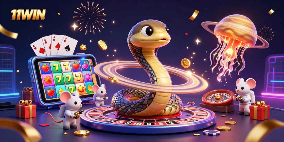 Engage with 11WIN's cosmic casino scene featuring a vibrant planetary roulette and engaging gambling elements.