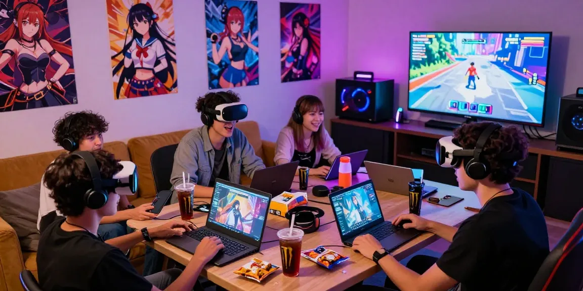 Group playing game hentai in vibrant gaming room with devices and snacks.