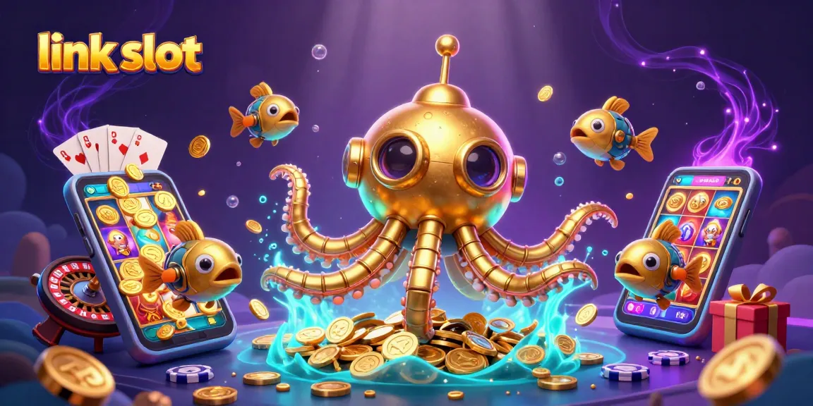 Mengakses link slot melalui ilustrasi kartun 3D yang menampilkan kraken menakjubkan dan mesin slot yang menggairahkan.