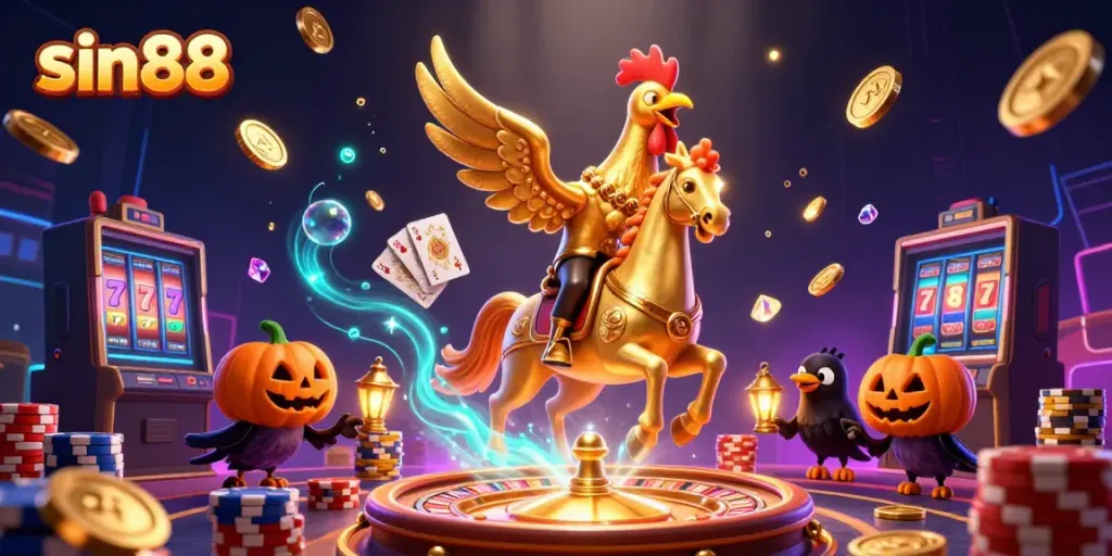 Experience thrilling gaming at sin88 casino with golden rooster and vibrant elements.
