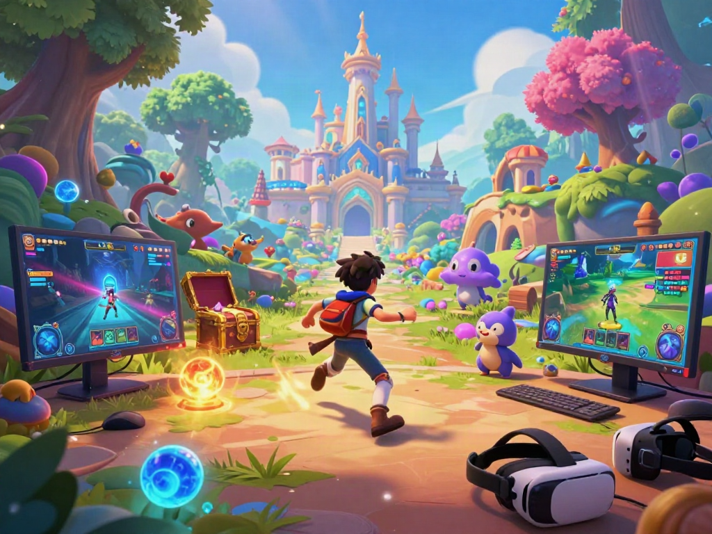 Vivid gaming scene showcasing a porngame character in an immersive virtual world filled with adventure elements and vibrant landscapes.