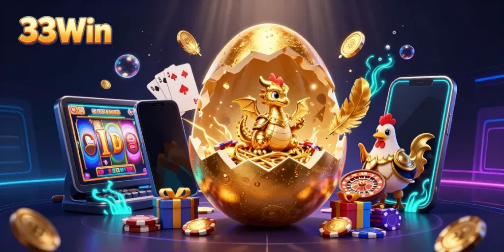 Experience a vibrant casino scene with 33Win's golden dragon hatching on piles of poker chips.