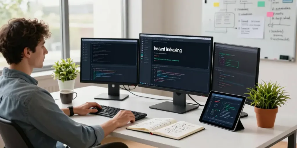 Software engineer utilizing instant indexing tools in a bright office workspace.