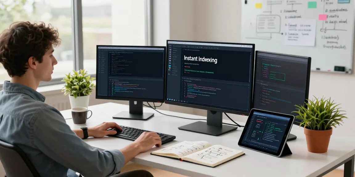 Software engineer utilizing instant indexing tools in a bright office workspace.