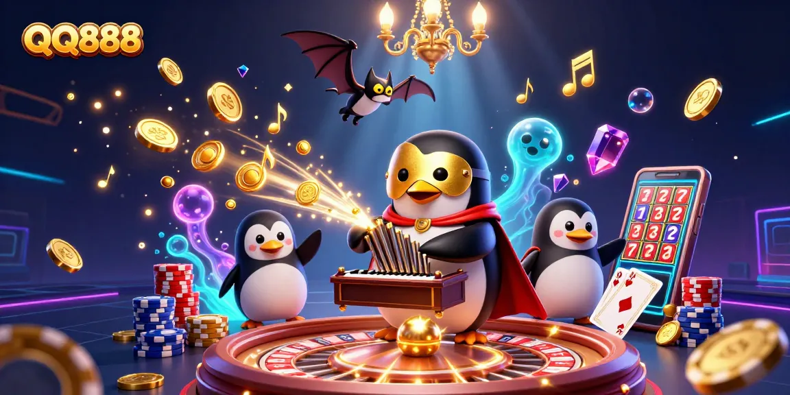 Experience QQ888's exciting online casino with a vibrant scene of animated characters and golden treasures.