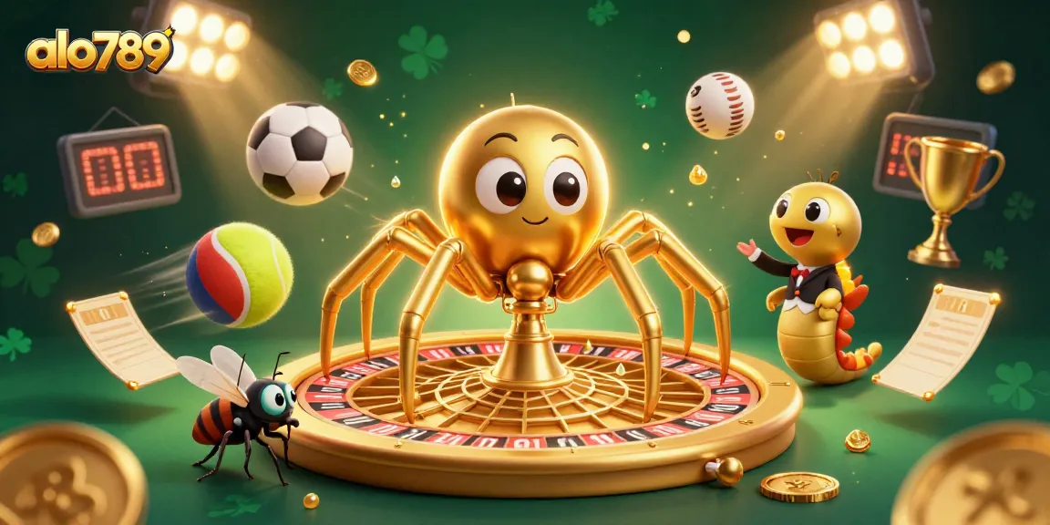 Experience thrilling bets with alo789’s animated golden spider and live-action betting scene in a vibrant casino.