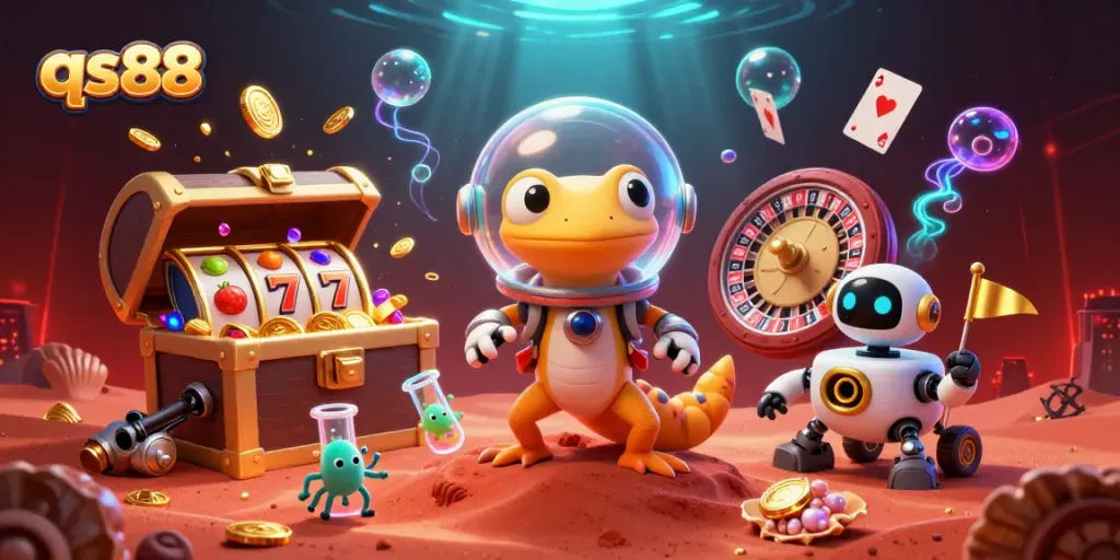 qs88 offers a vibrant gaming experience with colorful slot reels and animated casino elements.