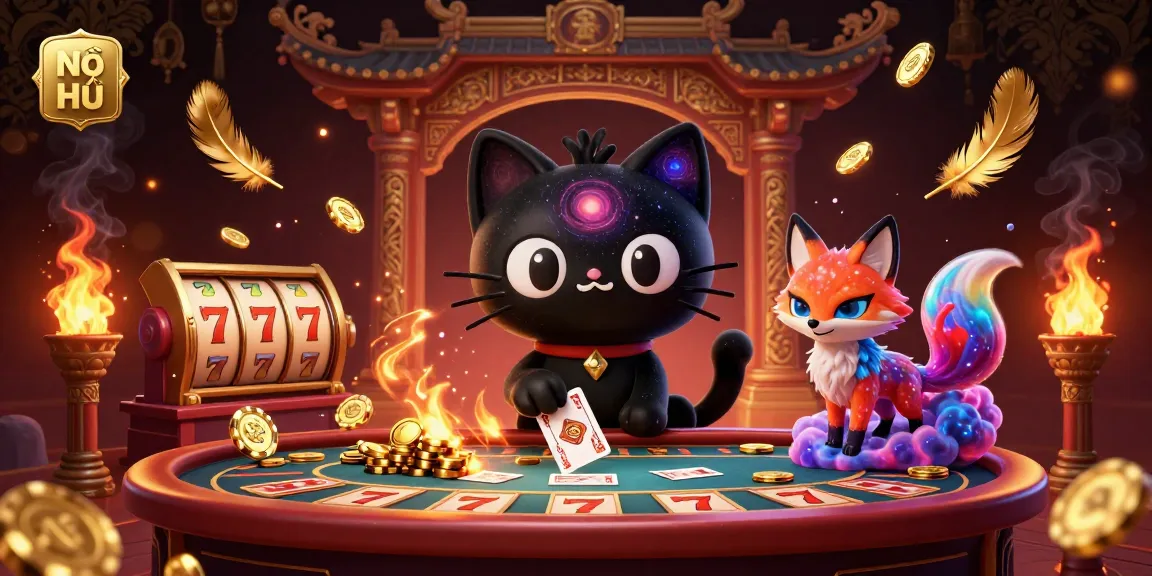 Engaging Nổ Hũ illustration featuring a black hole cat and colorful fox at a cosmic casino table.