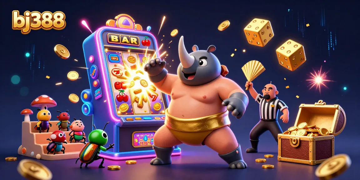 Bj388's thrilling casino experience presented with a dynamic 3D scene of action and excitement.