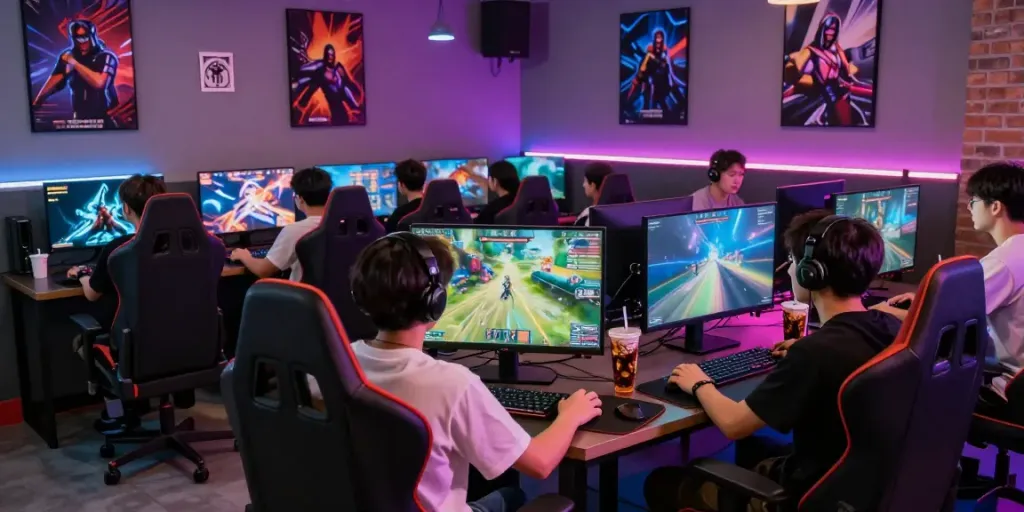 rokok88 login gaming group interacting in a vibrant lounge