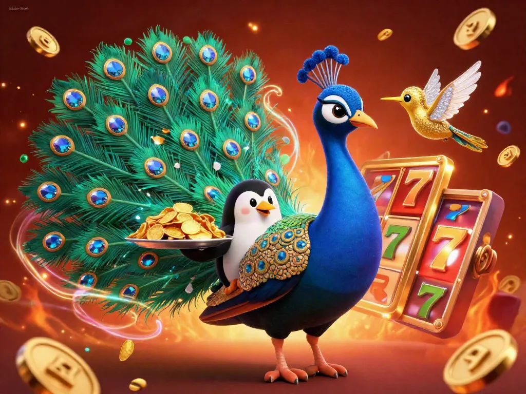 Situs slot illustration featuring a peacock, penguin butler, and hummingbird among vibrant slot reels and gold coins.
